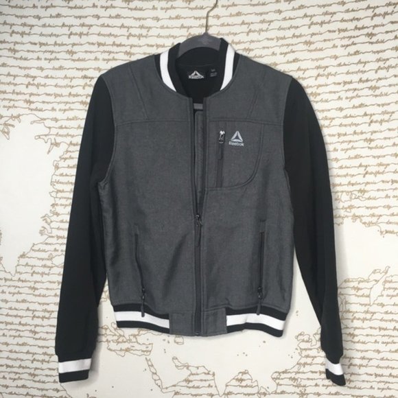 Reebok Size Small Gray & Black Soft Shell Bomber Varsity Jacket Back Logo - Picture 2 of 9
